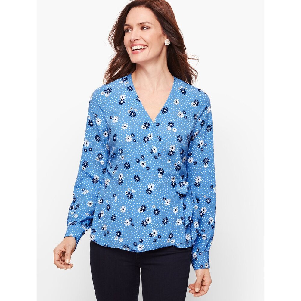 NWT Talbots Poet Sleeve Wrap Top in Blue Flowers & Dots